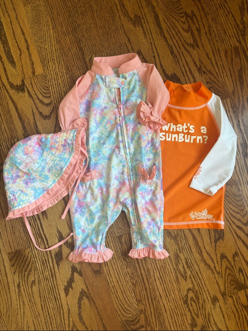 UVSkinz Tie-Dye One-Piece Swimsuit with Peach Ruffle Sleeves & Matching Sun Hat